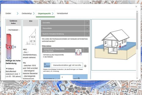 Ausschnitt des online Tools Flood-Bi zur Hochwassereigenvorsorge