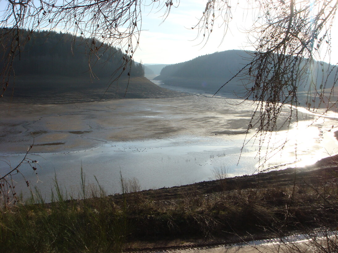 Blick auf Talsperrengebiet, Talsperre ohne Wasser (abgelassen), ringsherum Wald