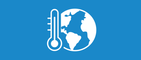 Weißes Piktogramm auf blauem Hintergrund: Weltkugel und Thermometer