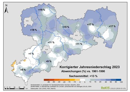 Korrigierter Jahresniederschlag 2023. Abweichungen vs. 1961-1990. Sachsenmittel: +13 %