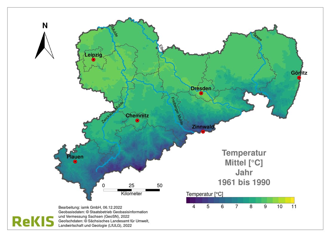 Hinweis: Folgende Bilder zusammenhängend betrachten. Bild 1 Sachsenkarte mit mittleren Temperaturniveau kurz TM für 1961 bis 1990. TM folgt Landestopografie dadurch Farbgradient. Hell gleich TM warm. Dunkel gleich TM kühl. Mittelgebirge insgesamt kühler.