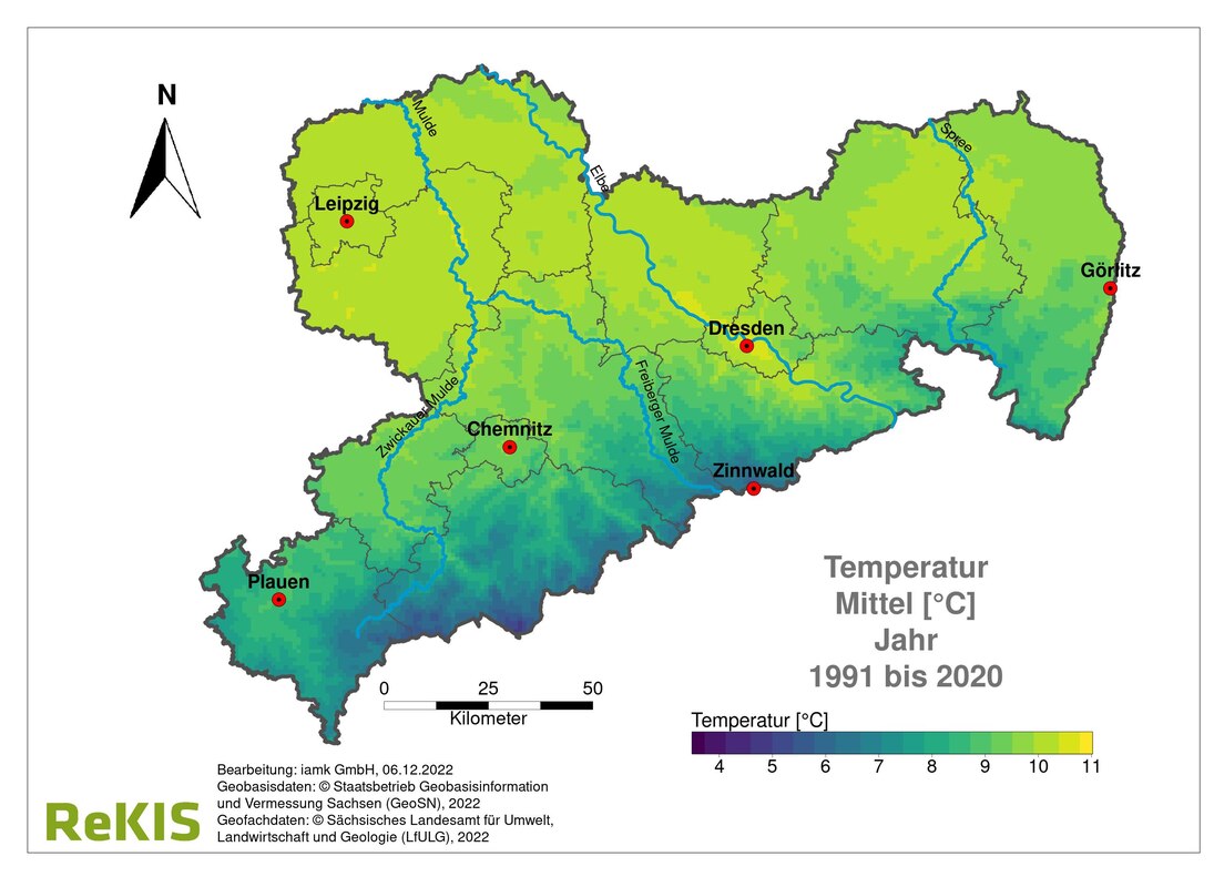 Bild 2 Sachsenkarte mit Verteilung TM 1990 bis 2020. Sachsen insgesamt aufgehellt in allen Regionen außer Erzgebirgskamm. Besonders Nord- und Mittelsachsen deutlich heller gleich wärmer. Mittelgebirge ähnlich Bild 1.