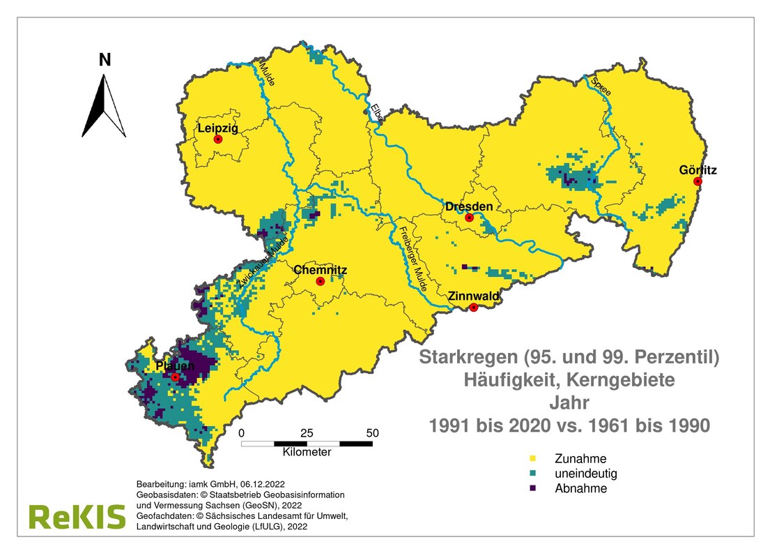 Bild 1: Sachsenkarte mit Änderung Starkregenhäufigkeit in Kerngebieten 1990 bis 2020. Vogtland punktuell dunkle Flecken gleich Abnahme. Sachsenweit überwiegend helle Fläche gleich Zunahme. Ergebnisse Westsachsen punktuell uneindeutig.