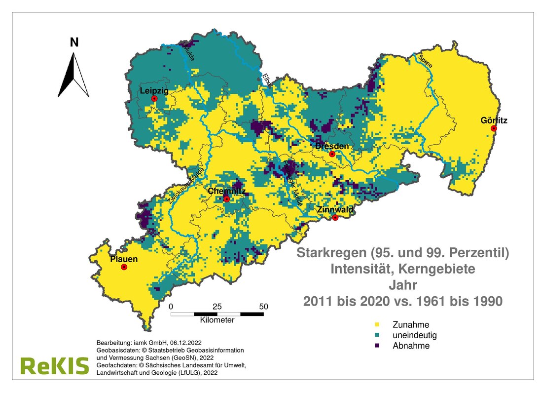 Bild 4: Sachsenkarte mit Änderung Starkregenintensität 2011 bis 2020 in Kerngebieten. Mittelsachsen dunkle Flecken gleich punktuell Abnahme. Sachsenweit helle Flächen ungleichmäßig verteilt gleich teilweise Zunahme. Ergebnisse großflächig uneindeutig.