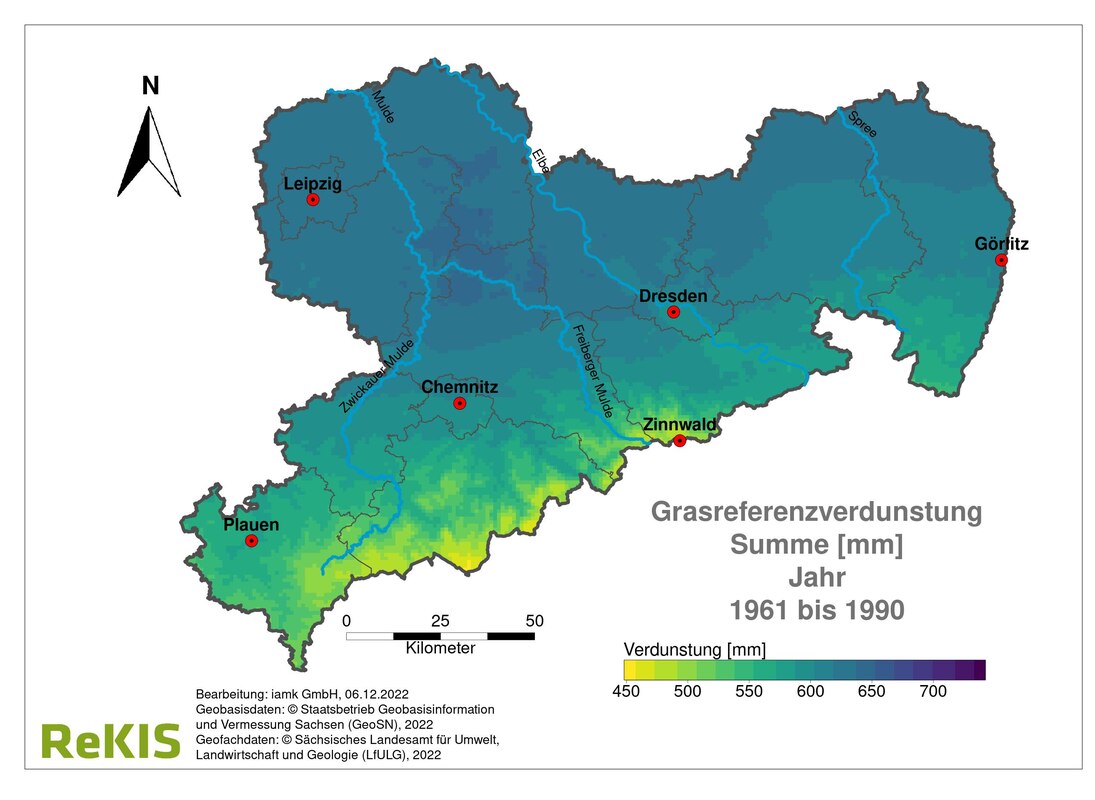 Hinweis: Folgende Bilder zusammenhängend betrachten. Bild 1: Sachsenkarte Grasreferenzverdunstung kurz GR für 1961 bis 1990. GR-Verteilung folgt Landestopografie dadurch Farbgradient und Flachland-Gebirgskontrast. Dunkel heißt hohe hell heißt niedrige GR.