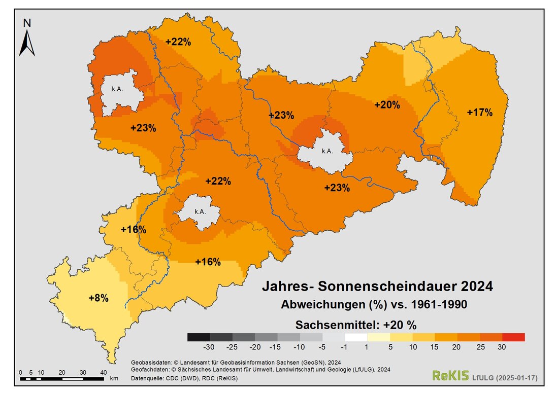 Sachsenkarte zeigt mit Farben die Abweichungen der Jahressonnenscheindauer 2024 vs.1961 bis 1990