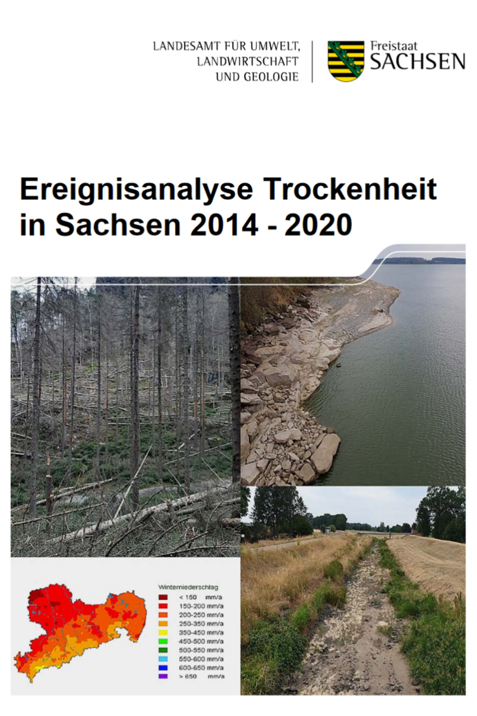 Titelbild der Publikation. Überschrift und Collage aus einem Foto mit Wald mit vielen umgekippten Bäumen, einem Foto mit einem überschwemmten Feldrand (Erosion), einem Foto vom Rande eines Sees mit niedrigem Wasserstand und einer Karte von Sachsen auf de