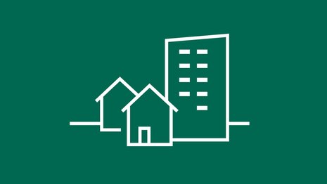 Piktogramm: weiße Linien auf dunkelgrünem Hintergrund deuten ein Hochhaus bzw. Mehrfamilienhaus an, links davor zwei Einfamilienhäuser mit Spitzdach