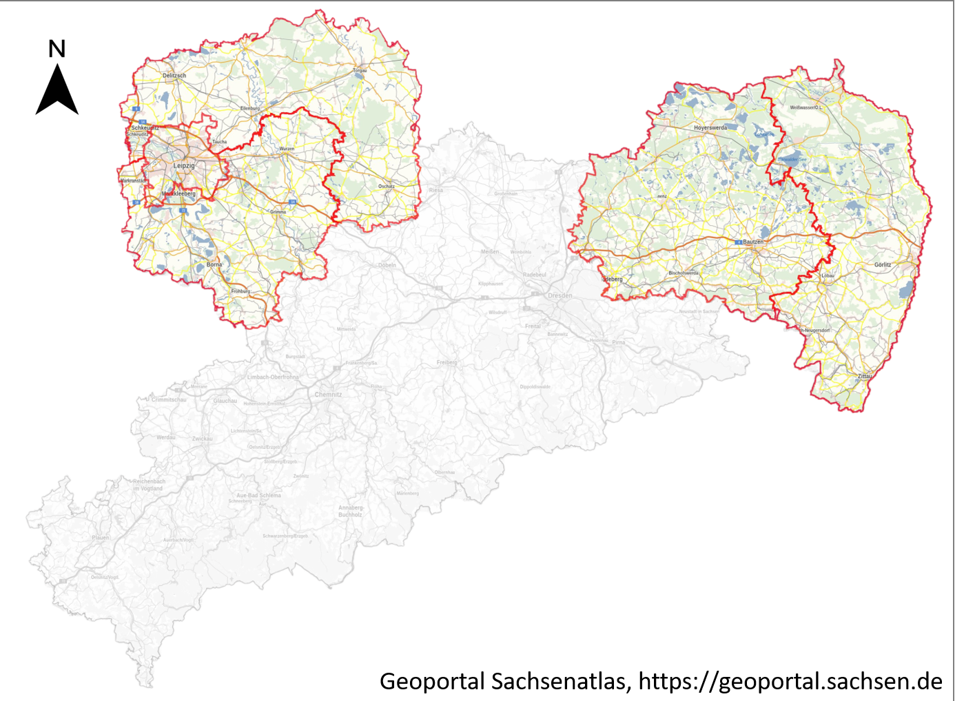 Karte des Frfeistaates Sachsen: Im Osten sind die beiden Landkreise Bautzen und Görlitz sowie im Nordwesten die Landkreise Nordsachsen, Leipzig und die Stadt Leipzig hervorgehoben. Restliche Sachsenkarte ausgegraut.